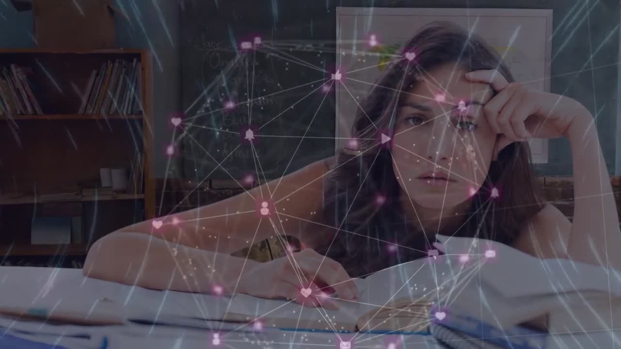 교실에서 백인 학생을 가로지르는 연결 네트워크와 빛의 길의 애니메이션