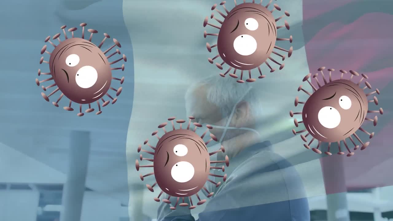 바이러스 세포의 애니메이션과 프랑스의 발이 얼굴 마스크를 입은 백인 남성 위에