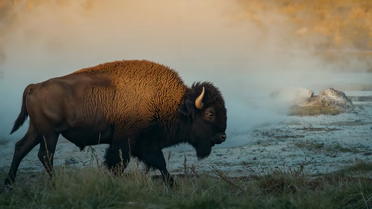 Walking American bison lowering head to graze along grass bank beside thermal pool passing rock