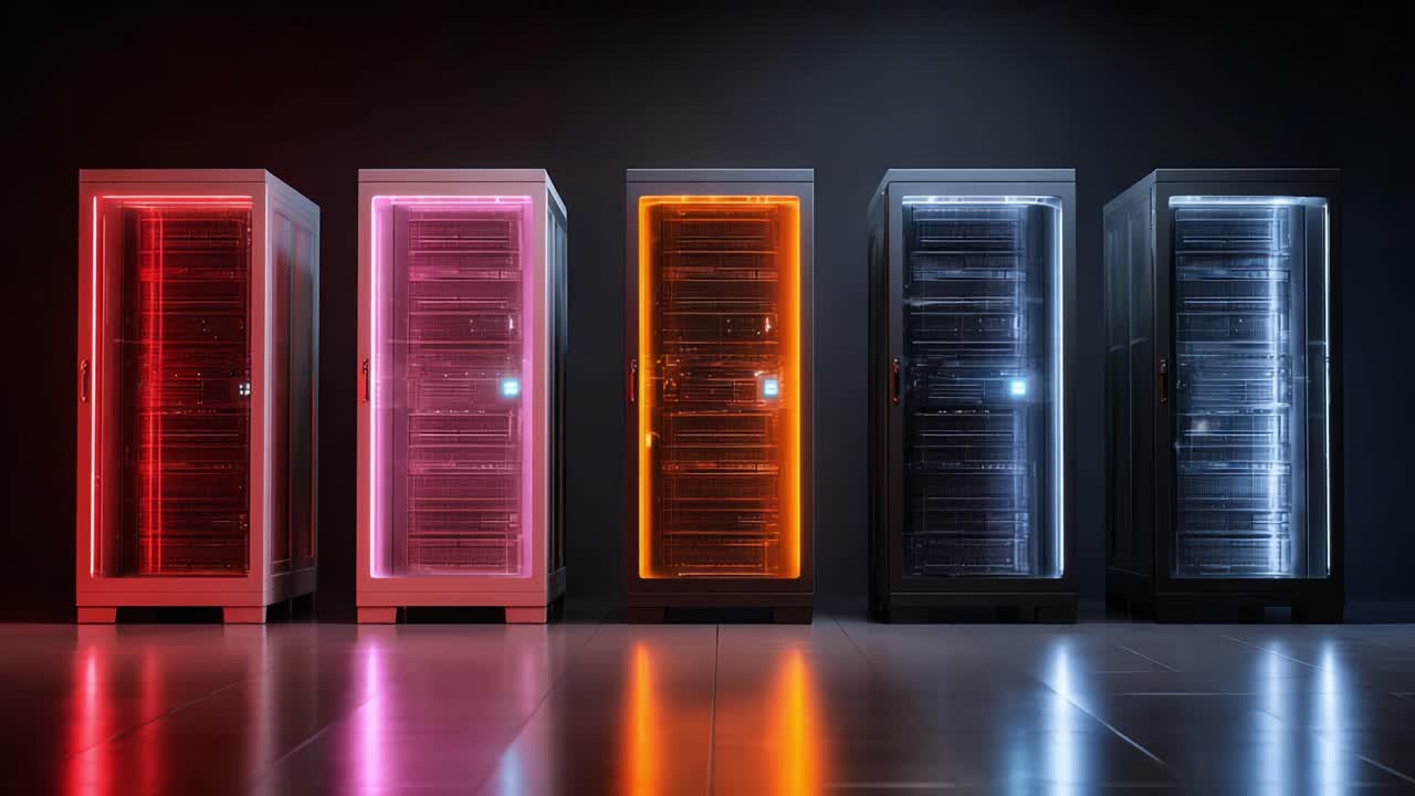 Et fængslende display af belyste server racks med levende farver, der fremhæver moderne teknologi og datalagringsinnovation