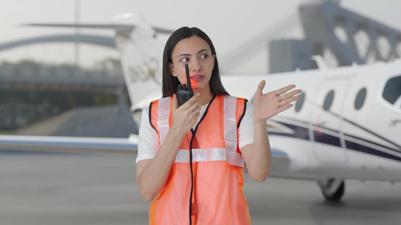 una chica del personal de tierra india feliz hablando por walkie talkie