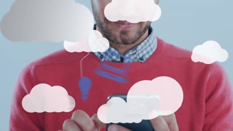 animación de nubes e iconos de medios sobre el hombre usando un teléfono inteligente