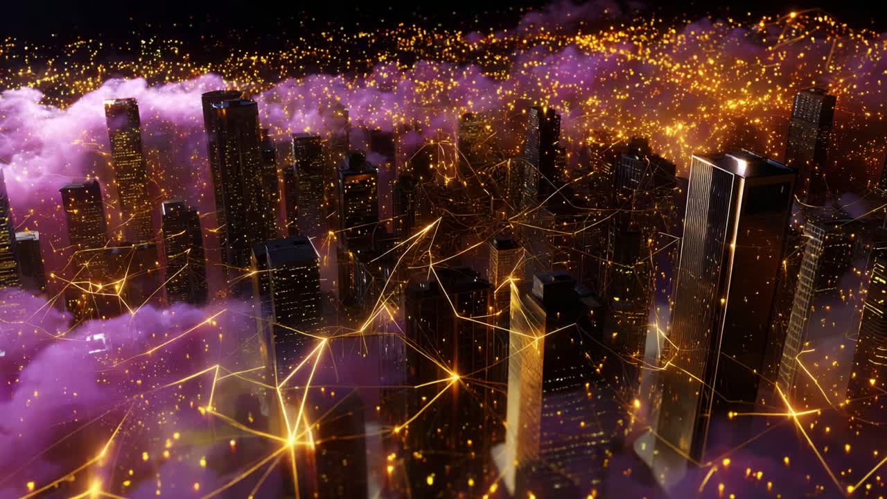Aerial View of a Futuristic Cityscape Elevating Amidst Vibrant Cloud Patterns and Luminous Energy Grid, Showcasing a Blend of Technology and Urban Architecture in Motion