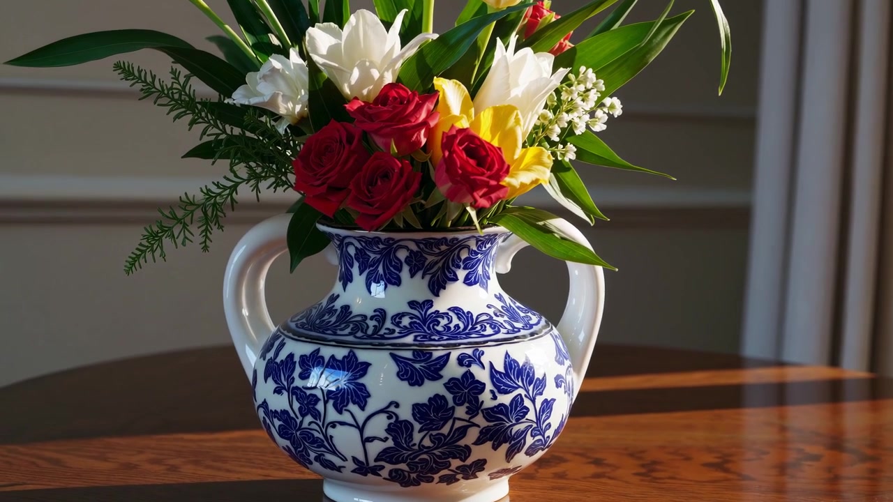 木製のテーブルに置かれた生花が活けられた青と白の陶磁器の花瓶