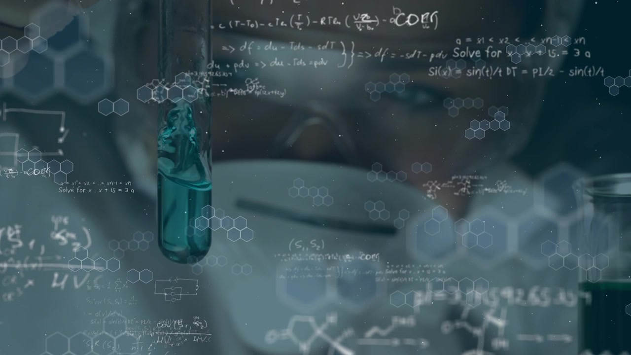Animation of mathematical equations over caucasian scientist in lab