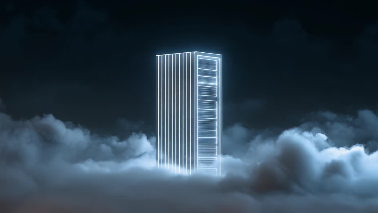 Mysterious conceptual animation of a futuristic server rack with glowing neon lights, emerging from dense moving clouds and representing data storage, hosting, and information technology