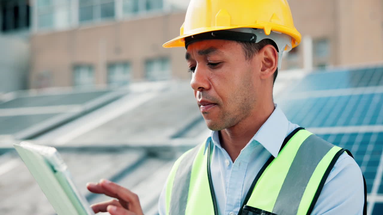 Construction worker inspecting solar panels