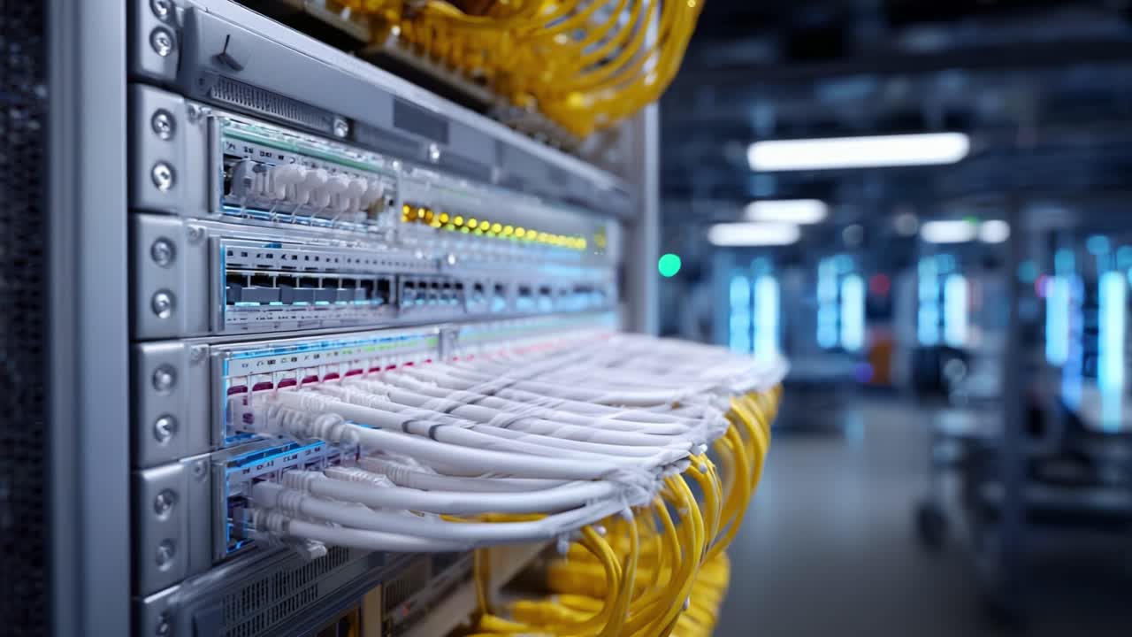 High-Definition Close-Up of Network Equipment with Organized Cables and High-Tech Server Details Illuminated in a Modern Data Center Environment