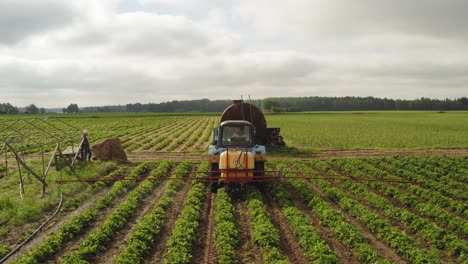 toma aérea siguiendo desde atrás un tractor rociando un campo de fresas contra enfermedades