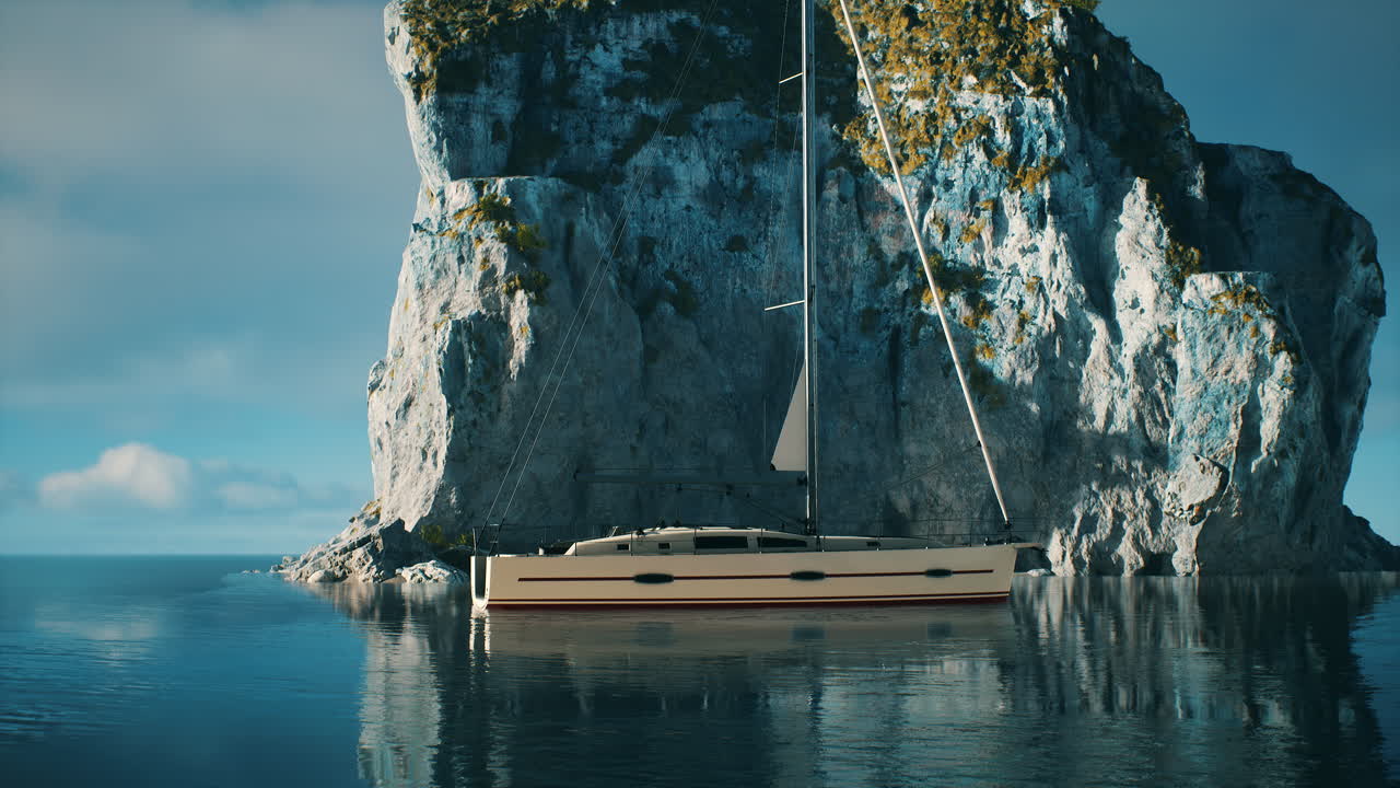 Yacht i havet med grønn og steinete øy.