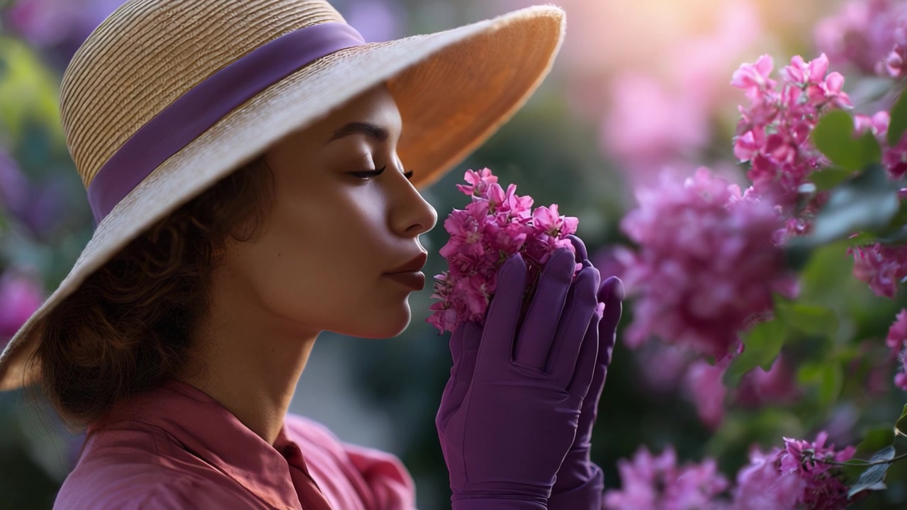 Un momento sereno nella natura: una donna che si gode il profumo di vivaci fiori rosa in mezzo a un lussureggiante giardino fiorito, abbracciando la bellezza dei fiori primaverili.