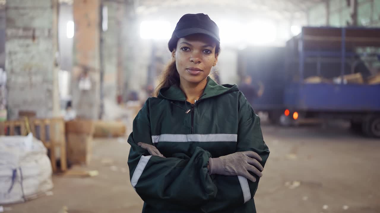 retrato de una mujer afroamericana en un uniforme verde especial contra el fondo del interior de una planta de procesamiento de residuos. procesamiento de materias primas, reciclaje. control de la contaminación