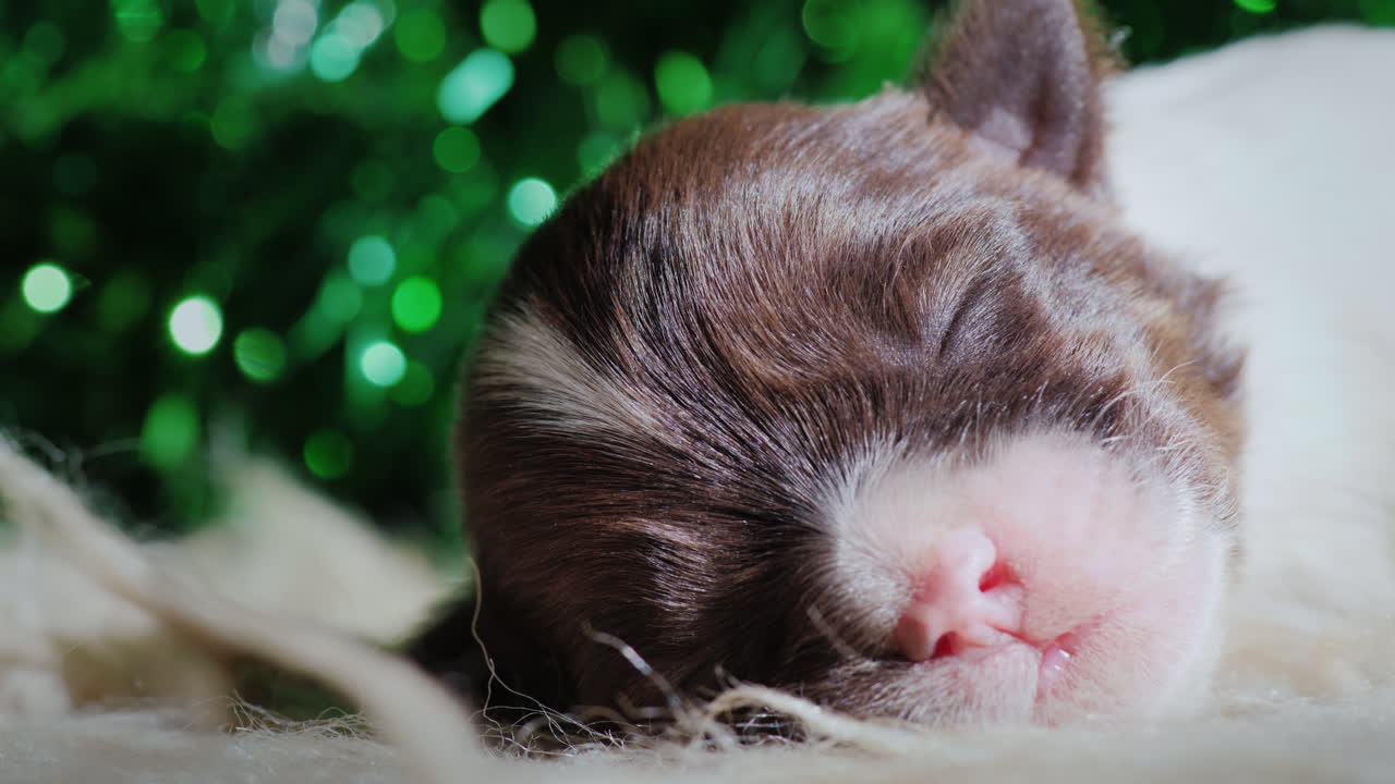 갓 태어난 강아지는 크리스마스 장식을 배경으로 잔다 01
