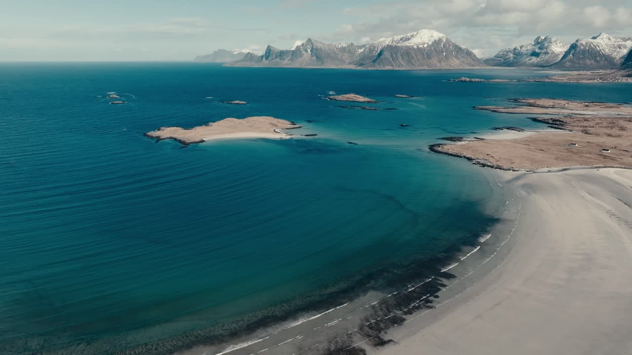 Aerial View Of Yttersand Beach In Lofoten, Norway - Drone Shot
