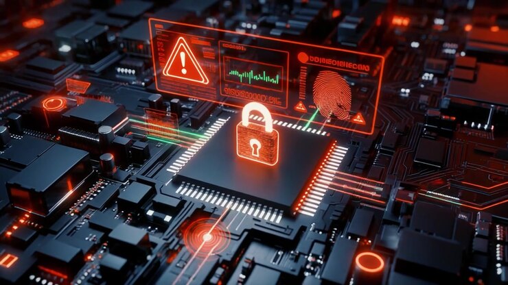 Cybersecurity Concept with Glowing Digital Lock and Data Security Interface on Circuit Board