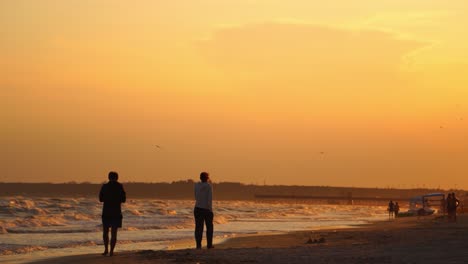 colorful sea beach sunset. people walking during beautiful colorful sunset at the sea