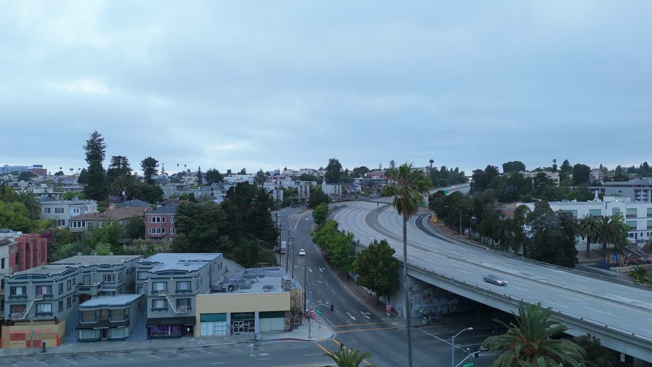 A static shot from a drone of the I-580 freeway near Lake Merritt in Oakland California