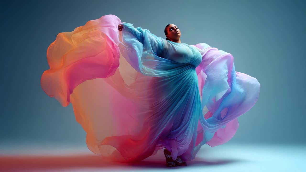 A graceful figure draped in flowing, colorful fabric glides through a captivating dance performance, embodying elegance and fluidity with each movement against a soft blue backdrop