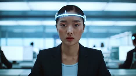 Woman with Augmented Reality Headset in Modern Office
