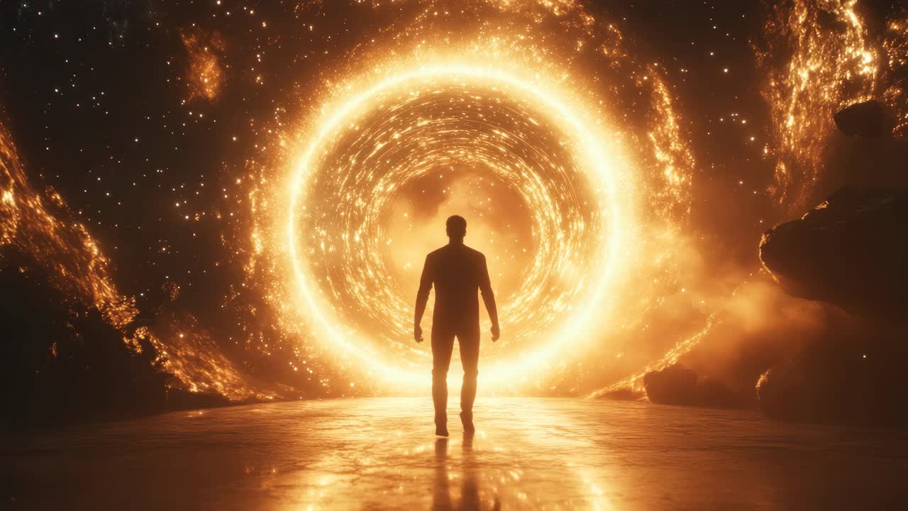 A silhouetted figure stands before a glowing portal in a cosmic landscape
