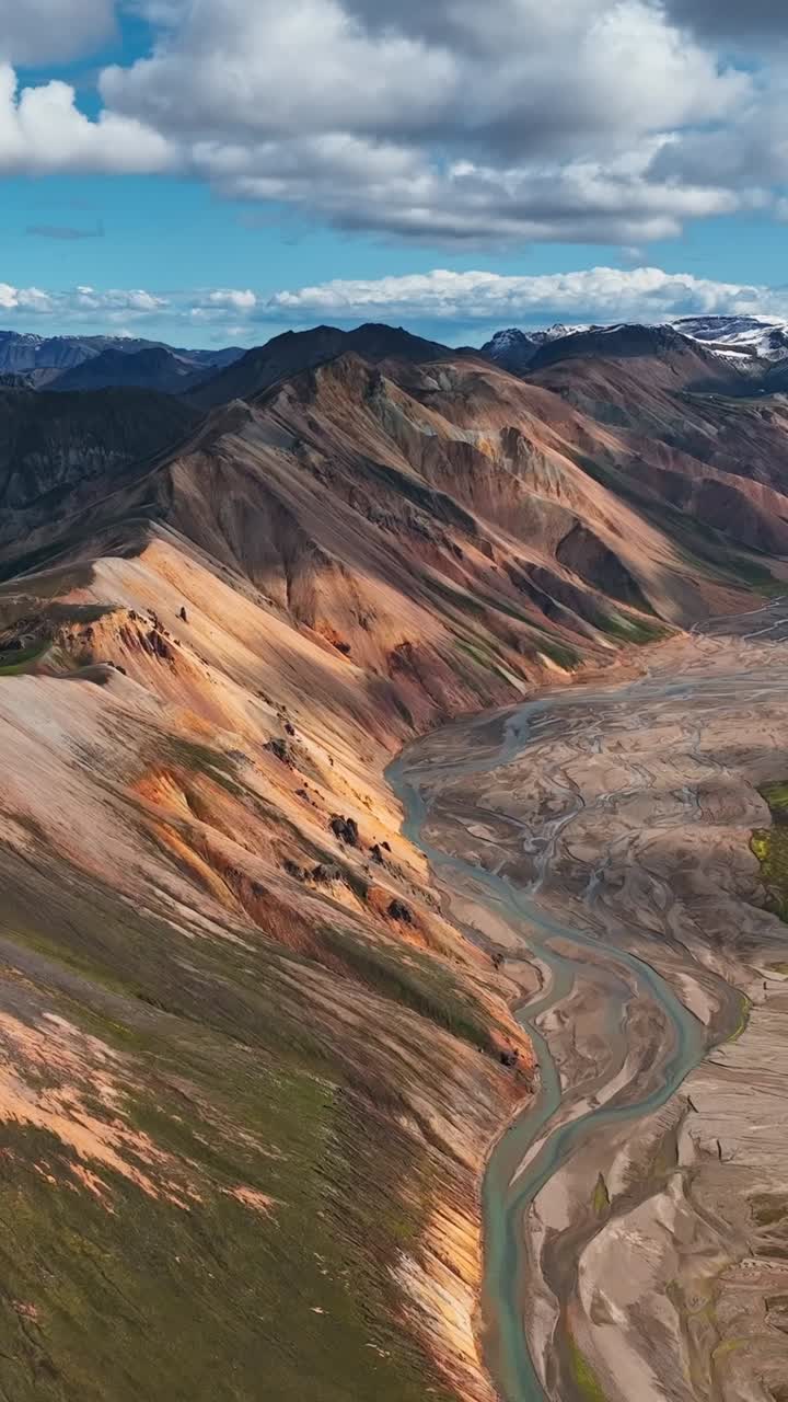 Cinematic aerial footage of Iceland’s colorful mountain ridges and wide valleys with rivers flowing filled with glacial meltwater and volcanic formations
