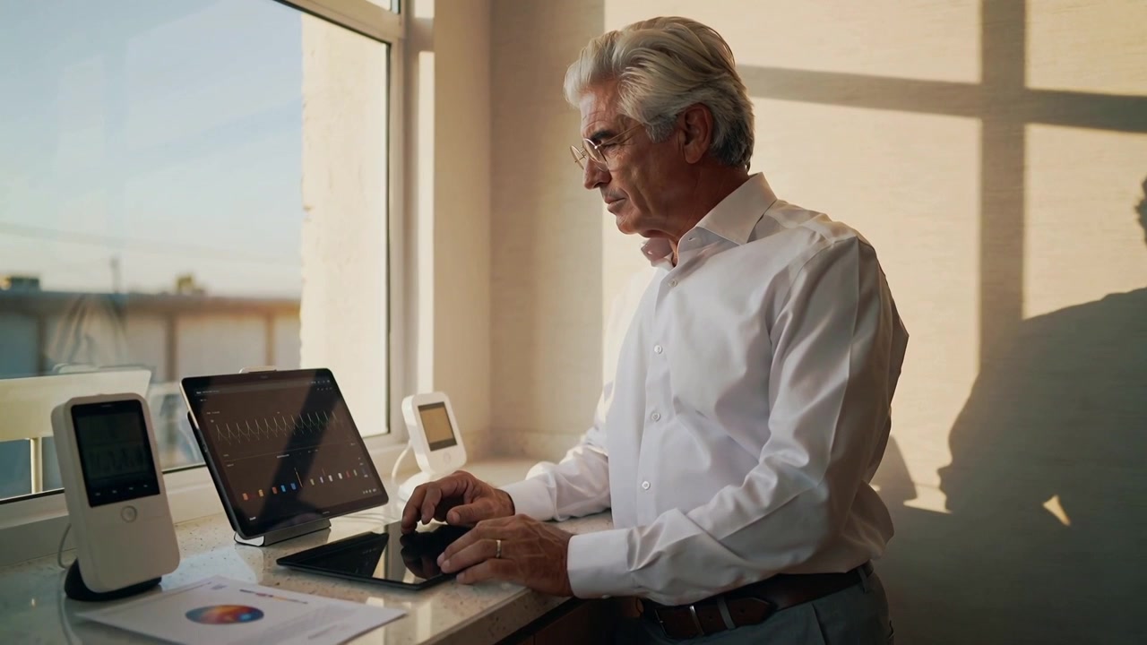 Reacting to chart, manager in white shirt using trackball, analyzing tablet at counter, copy space