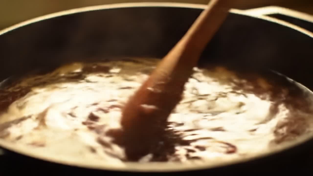 Stirring a dark liquid in a pot