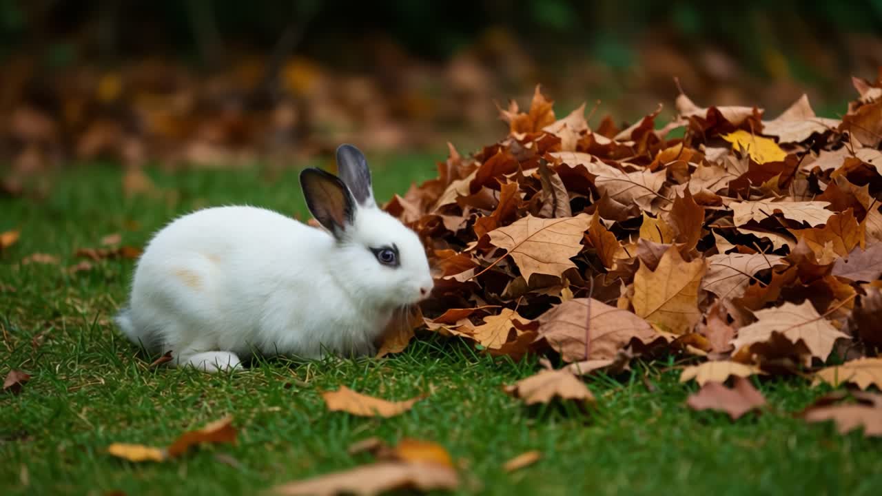 A Curious White Bunny Explores Autumn Leaves Amidst a Vibrant Fall Landscape, Showcasing Nature's Beauty and the Playfulness of Wildlife
