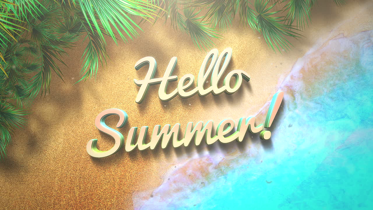 열대 잎과 파도가 있는 해변에서 안녕하세요 여름