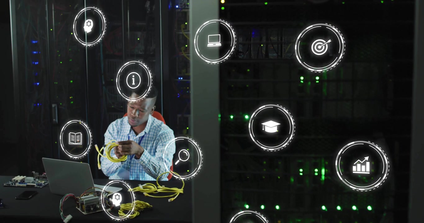 Technician handling and testing cable while AR icons orbiting racks, configuring network on laptop