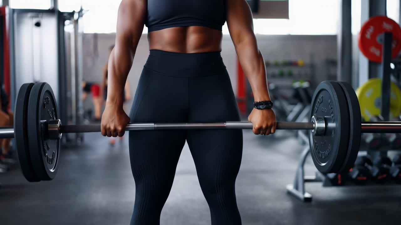 Kvinna som marklyfter tung skivstång på gym, muskulös atlet utför kontrollerat marklyft i modern träningsmiljö.
