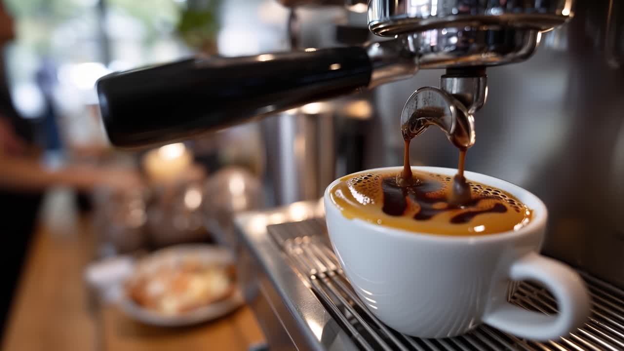Rich espresso pours into a white cup. Barista stands nearby, focused and calm. Warm light highlights the coffee's glossy surface. Ideal for cafe ads or coffee brand visuals