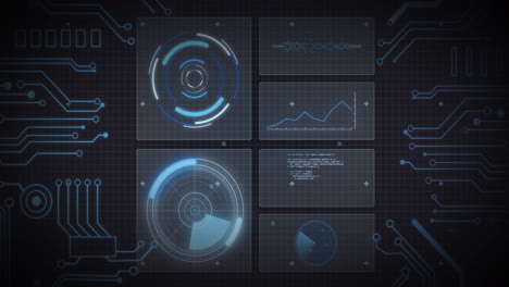 animation of scope scanning, processor elements and data processing on screens over grid