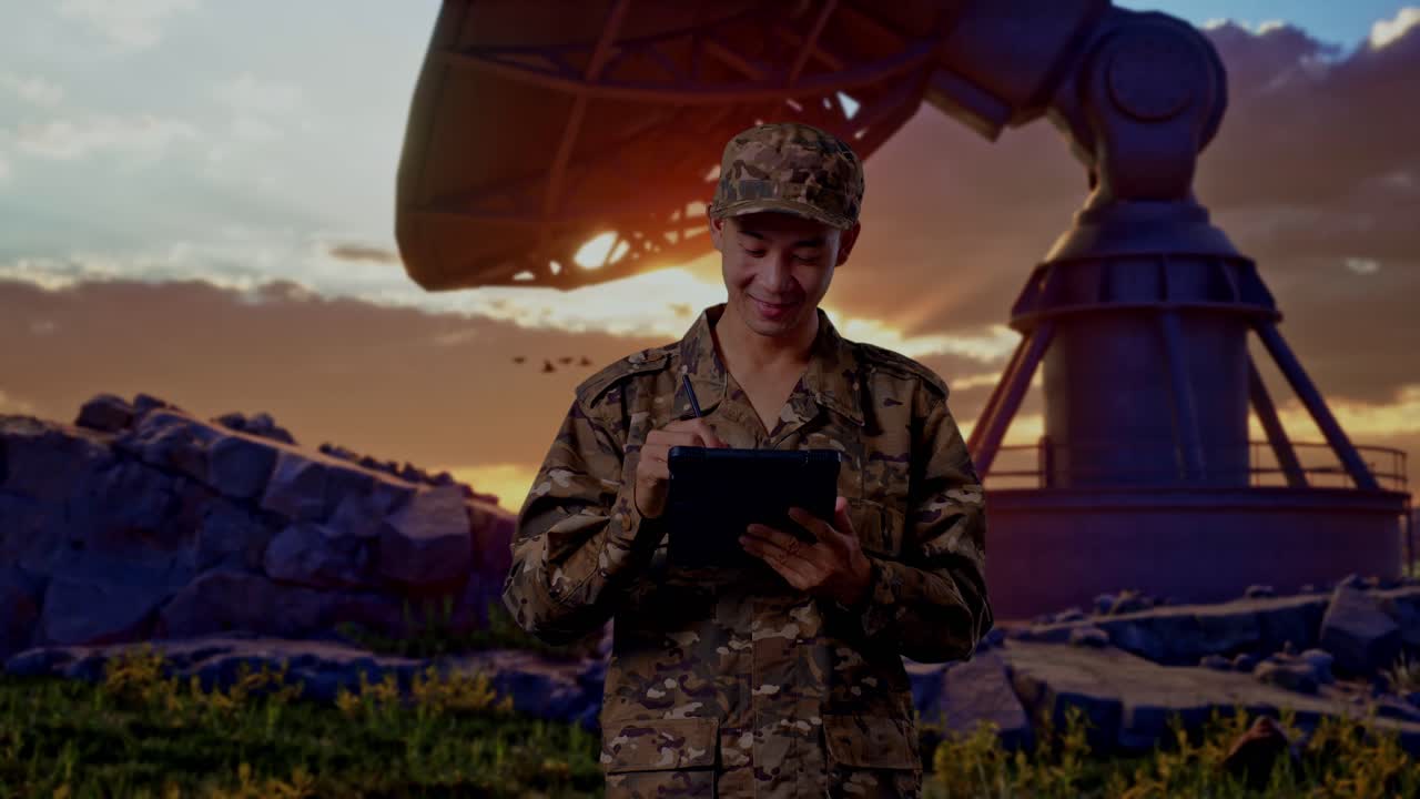 Asian Man Soldier Taking Note On A Tablet While Standing With Satellite Dish