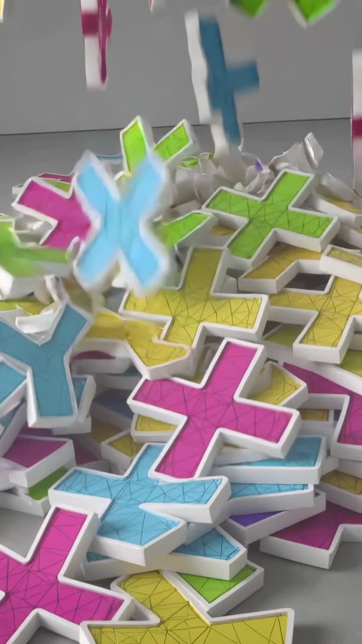 Vertical video: Dropping from top, plus tokens colliding, stacking on grey tabletop, forming heap