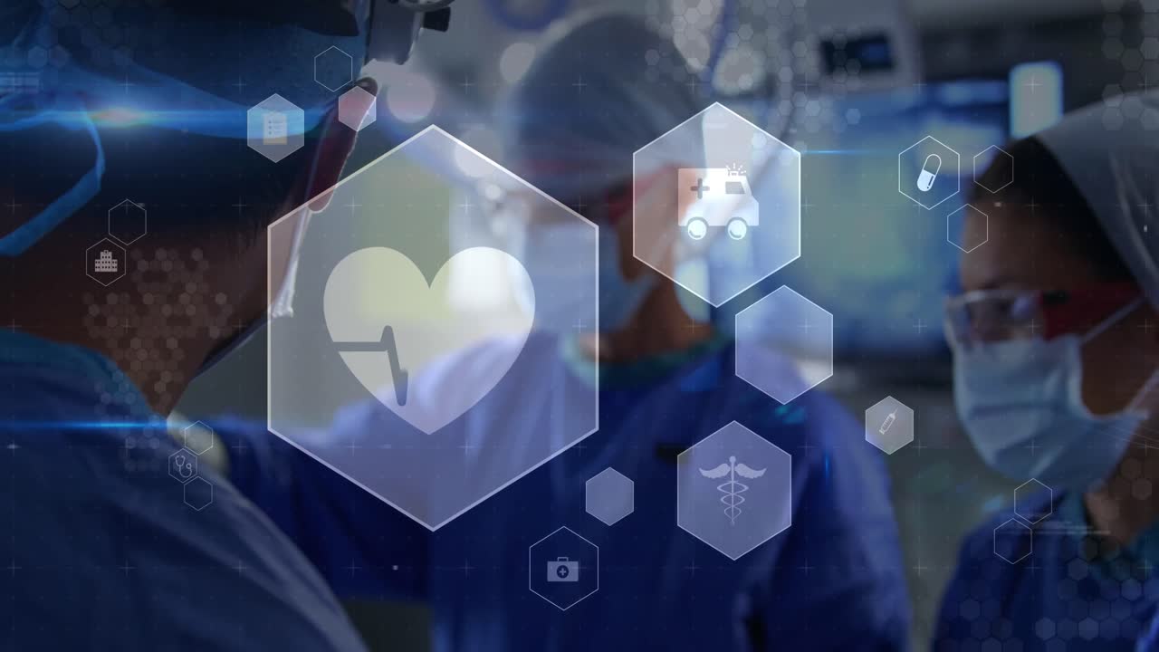 육각형으로 된 아이콘의 애니메이션, 다양한 외과 의사들이 수술실에서 수술을 논의하고 수행합니다.