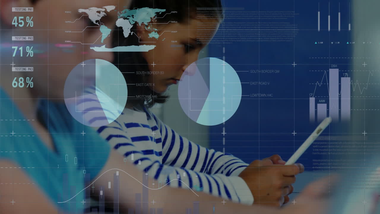 Animation of data processing and diagrams over caucasian students using tablets in classroom