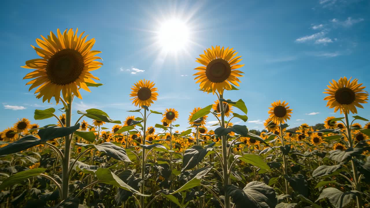 Sunflowers swaying in field under midday sun, with gentle breeze as camera capturing central bloom