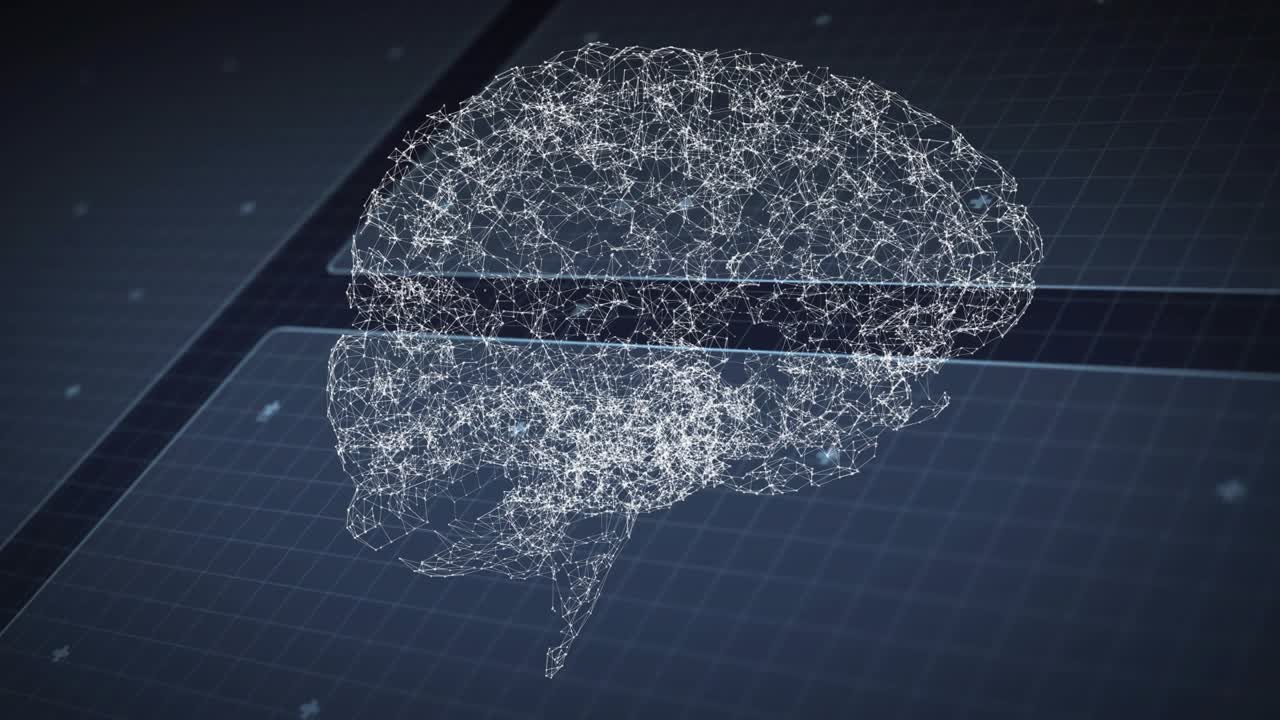 On start glowing wireframe brain model spinning smoothly to reveal holographic data overlays