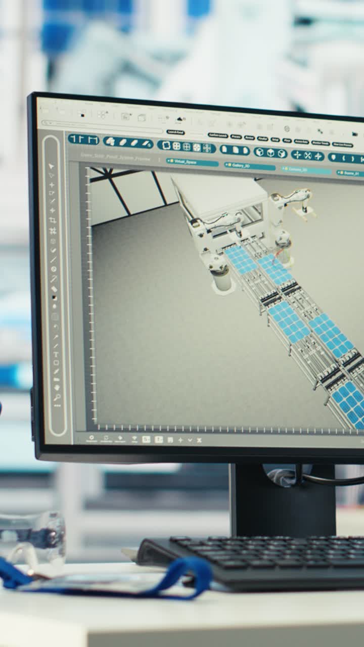 Vertical Video Pc Monitor On Desk In Green Energy Solar Panels Plant With Cad Software