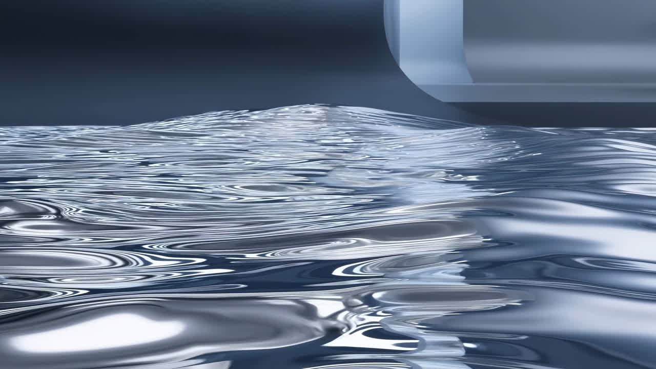 Acqua Metallizzata Increspata Sotto Tubo, Riflessi Cromati Lucidi E Onde Delicate Su Superficie Liscia, Fresco