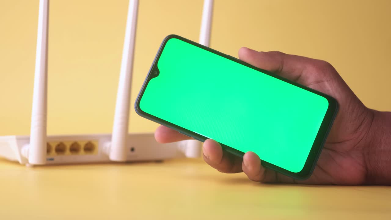 teléfono inteligente con pantalla verde y router