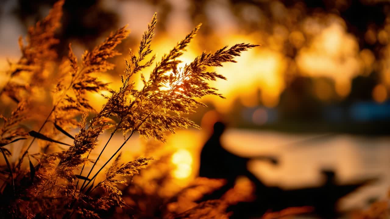 Golden Hour Serenity: A Stunning Close-Up of Silhouetted Fisherman Amidst Graceful Reeds and a Vibrant Sunset Over the Calm Waters