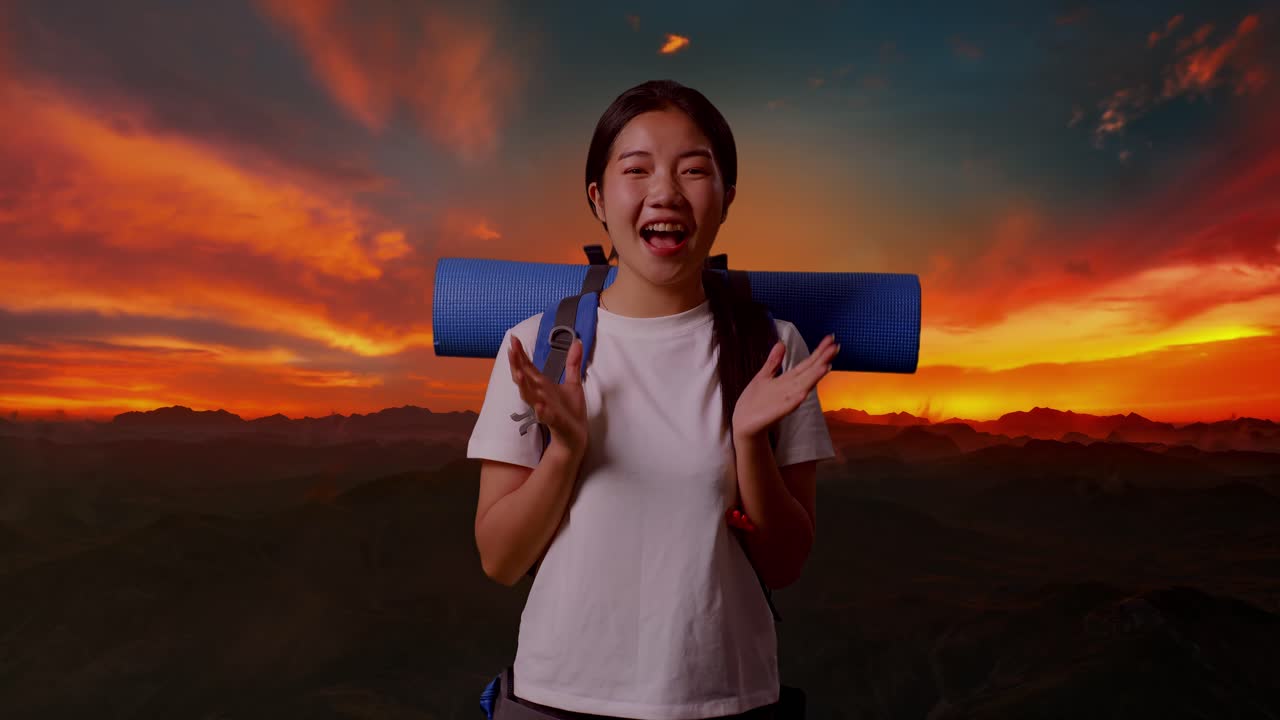 해가 지는 동안 산책하는 행복한 여자