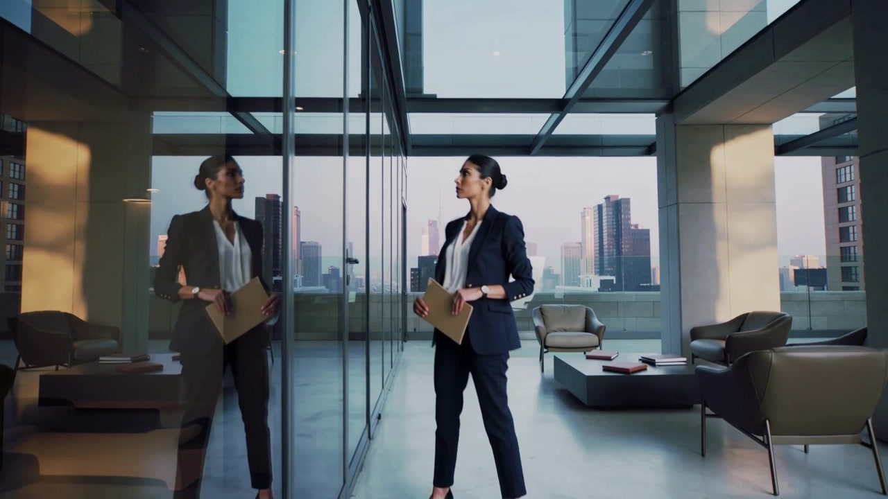 Walking woman in blazer entering office lounge, checking reflection and holding folder, preparing