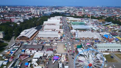 stunning aerial top view flight theresienwiese october festival, sunny day before opening