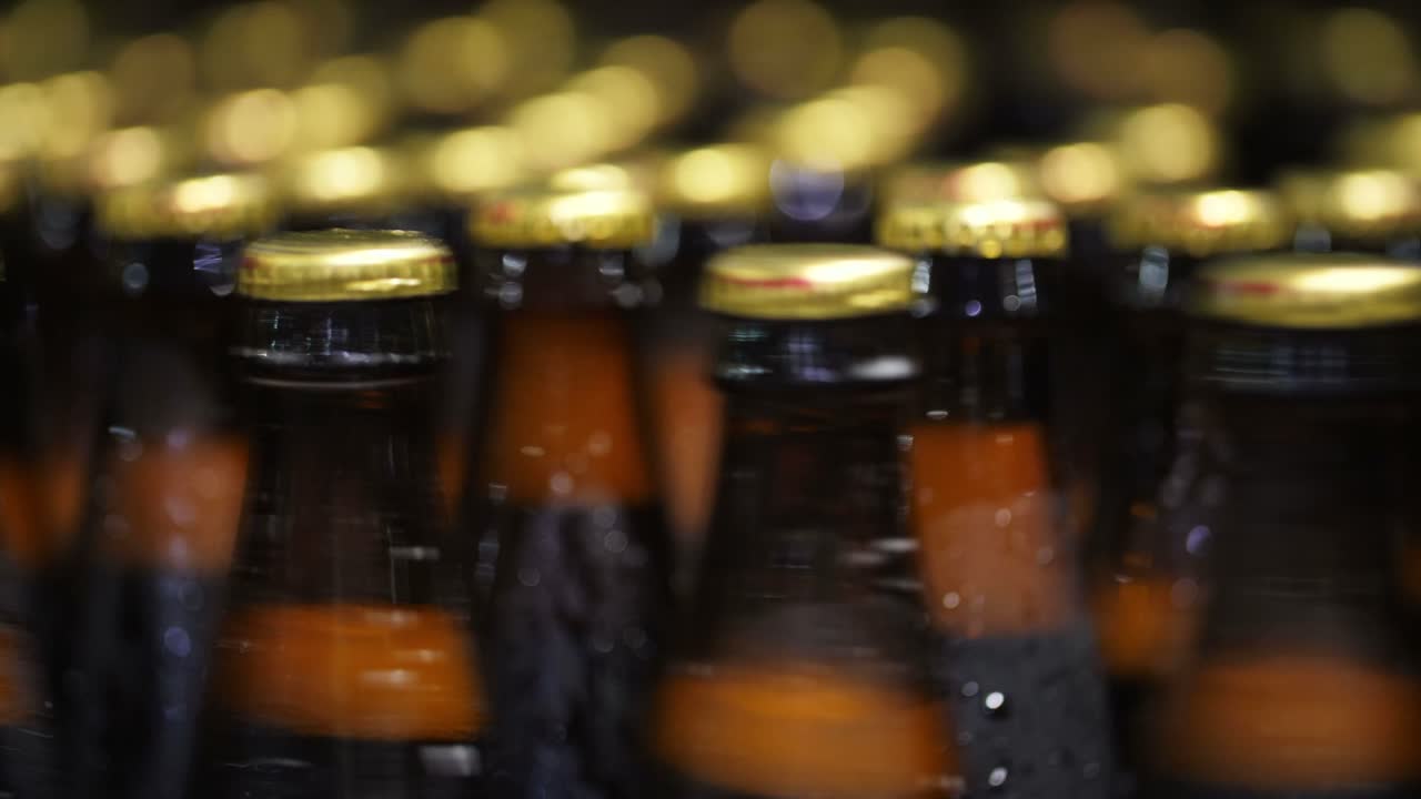 Close up of many beer bottles on a shelf