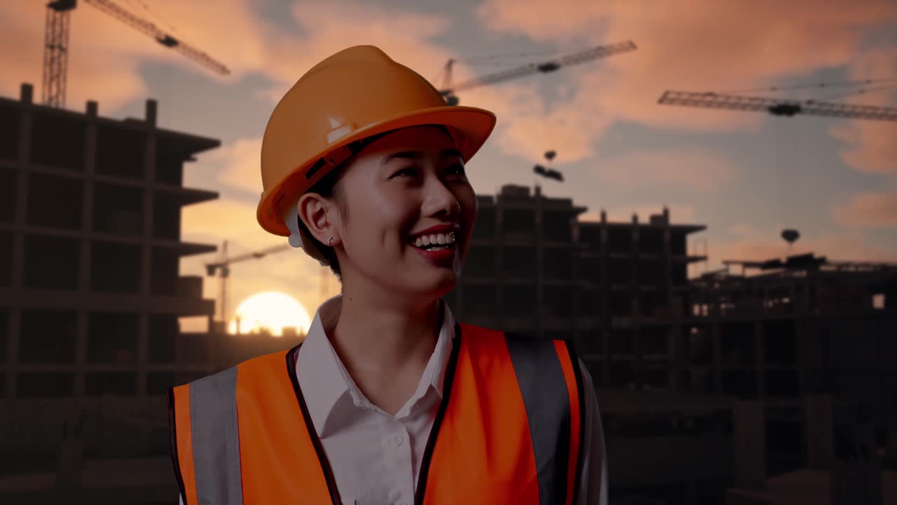 Close Up Of Asian Female Engineer With Safety Helmet Looking Around While Standing At Construction Site in Progress to New House