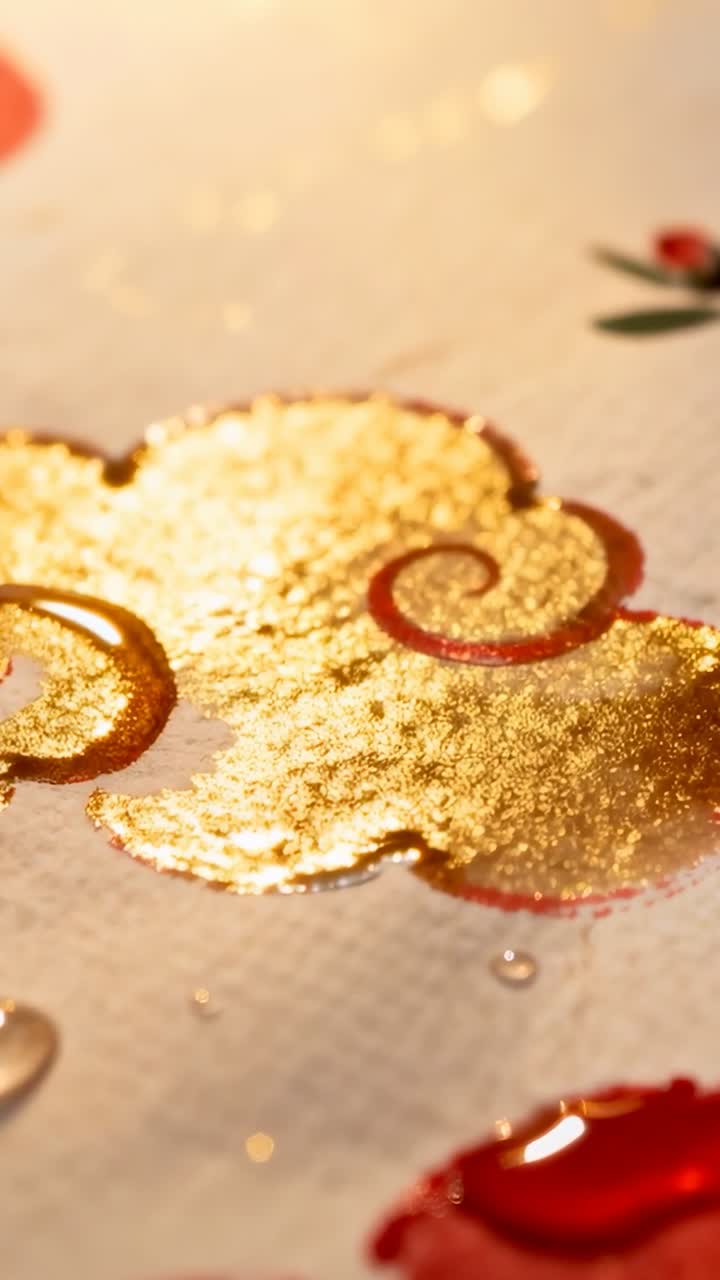 Video verticale: decorazione con foglia d'oro che sposta la messa a fuoco emergendo sulla carta e rivelando gocce rosse e trasparenti