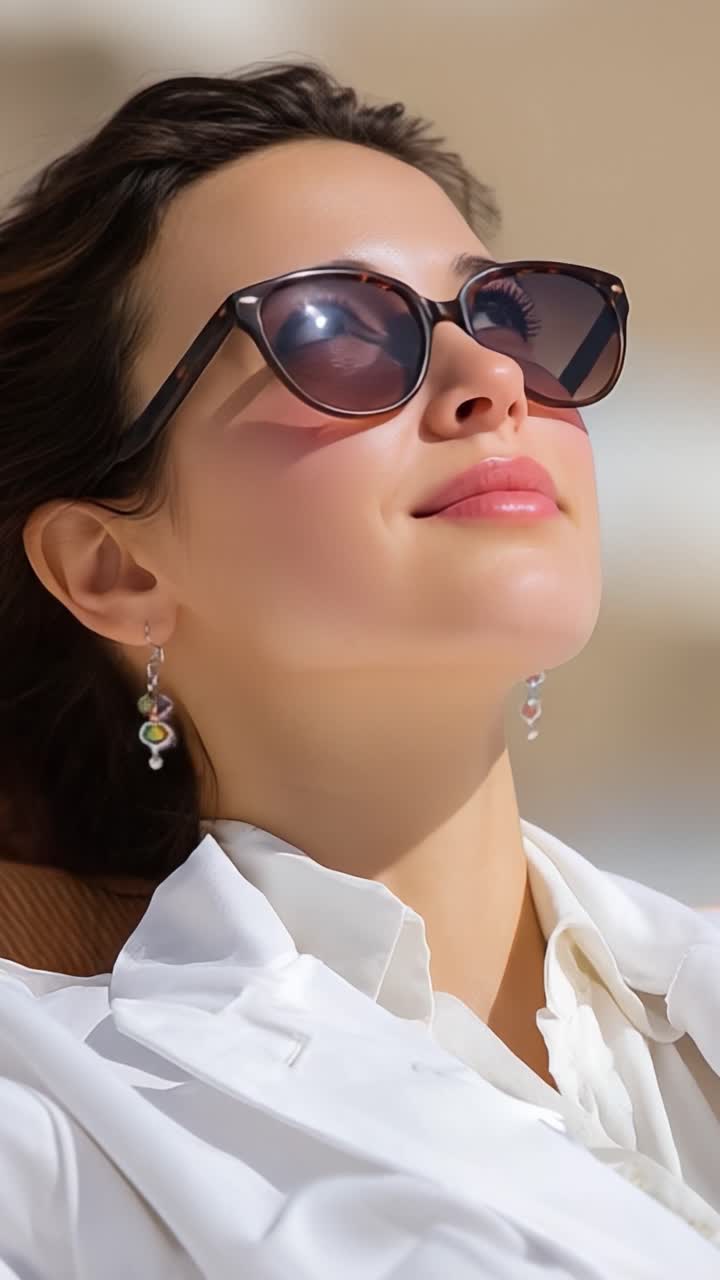 Un momento tranquillo di relax: una giovane donna si gode una calda giornata di sole, emanando sicurezza e grazia mentre indossa occhiali da sole alla moda e orecchini eleganti.